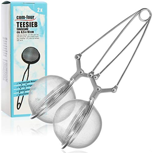 com-four® 2x Teezangen, Teeei in Kugelform aus rostfreiem Edelstahl 304, Teesiebe für losen Tee, Siebzange für Teeliebhaber (02 Stück - Ø 6.5 cm)
