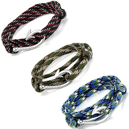 Aroncent 2PCS Herren Damen Armband Angelhaken Haken Charms Armkette Bunte Nylonseil Armreif Anker Kordelarmband Geflochten Wickelnarmband in Blau Rot Grün