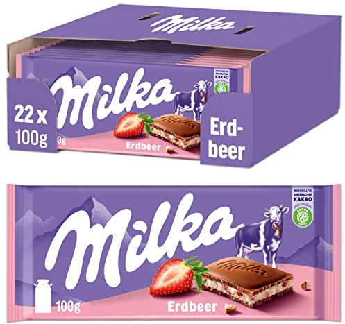 Milka Erdbeer Tafel – 22 x 100 g – Alpenmilch Tafelschokolade mit Erdbeercrème – Noch schokoladiger