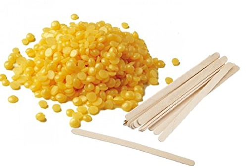 Warmwachs Perlen + Mini Holzspatel Made in Italy für Haarentfernung, Enthaarung ohne Vliesstreifen (1 kg, Gelb-Honig)