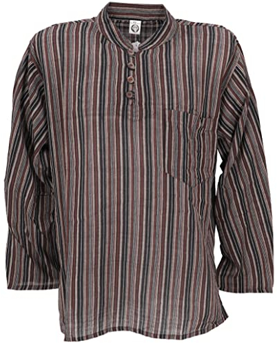 GURU SHOP Nepal fiskarskjorta, randig goa-hippie-skjorta, yogabyxor, män, bomull, BRUN, XL