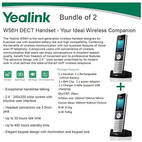 Yealink W56H Lot de 2 Combinés IP DECT VoIP VoIP HD Charge rapide