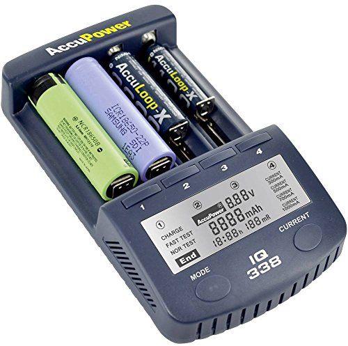AccuPower IQ-338 IQ338 Rundzellen-Ladegeraet NiCd, NiMH, LiIon 10340, 10350, 10440, 10500, 12500, 12650, 13, dunkelblau
