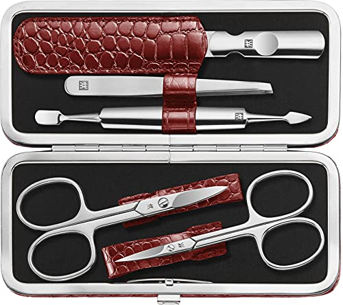 ZWILLING Maniküre-Set (5 teilig, für Pflege der Finger- und Fußnägel, Echtleder Etui mit Metallrahmen), Edelstahl Poliert, Kroko Edition, Rot