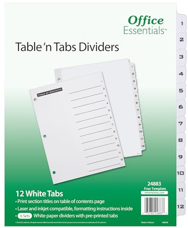 Office Essentials Table 'n Tabs Trennblätter, 21,4 x 27,9 cm, 1–12 Register, schwarz/weiße Tab, Laser/Tintenstrahl, 6 Stück (24883)