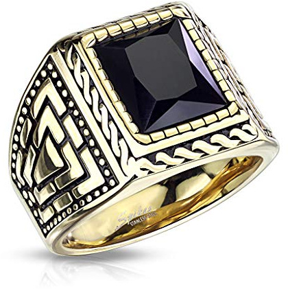 Bungsa Massiver goldener Siegelring mit einem quadratischen Onxy-Schmuckstein aus 316L Edelstahl Unisex