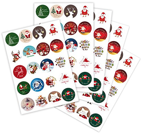 100 Weihnachtsaufkleber Weihnachtssticker XMAS mit verschiedenen Motiven rund Ø 30 mm, auf DIN A5 Bogen (5 x 20 Aufkleber), Haftpapier glänzend, Weihnachtetiketten