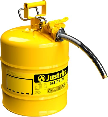 Justrite 5 Gallon Type II Yellow Safety Can for Diesel with Flame Arrester, Self-Closing Lid, and 1 Flexible Metal Spout, Made in the USA, Galvanized Steel Flammable Storage Can, 7250230