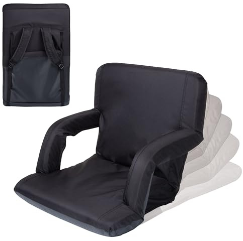 PICNIC TIME Ventura Portable Reclining Stadium Seat with Back Support, Folding Bleacher Chairs with Back and Cushion, Thick Padded Stadium Seat, Armrest, and Six Backrest Positions, (Black, Standard)