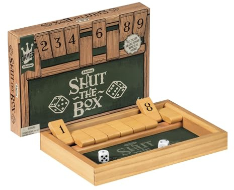 Schylling Shut the Box - Family Game of Strategy and Chance - Includes Collectible Wooden Game Box, Felt Bottom, Rounded Dice, and Detailed Instructions - Ages 6 and Up