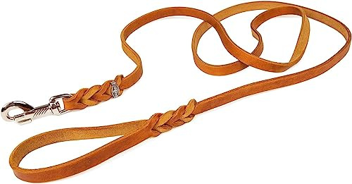 CopcoPet - Fettlederleine 2 m x 8 mm, Cognac, Hunde-Leine aus Leder mit verchromtem Karabiner, geflochtene Hunde-Führleine Leder