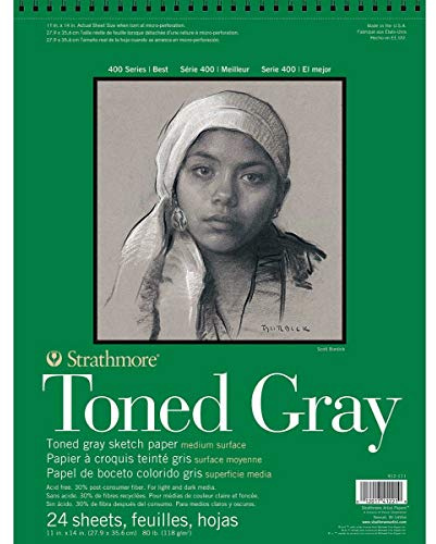 STRATHMORE Série 400 recyclé - Bloc croquis spiralé 24 feuilles 27.9 x 35.5 cm - 118g/m² - Ton gris