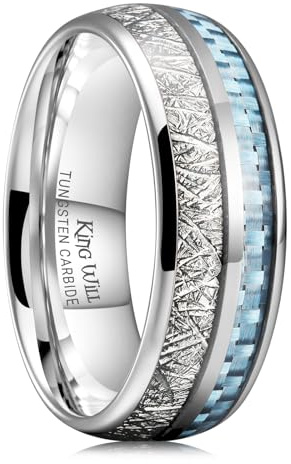 King Will 8mm Tungsten Rings for Men Imitated Meteorite Carbon Fiber Inlay Mens Silver Wedding Band Engagement Promise Ring Polished Domed Style Comfort Fit, Light Blue Size 11