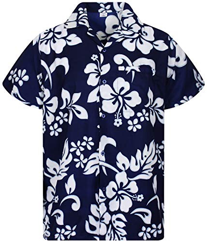 V.H.O. Funky Chemise-Hawaienne, Manche-Courte, Hibiscus, Bleu-Marine, S