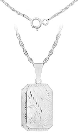 Tuscany Silver Women's Sterling Silver Large Rectangle Engraved Locket Pendant and Rope Chain of 56cm/22