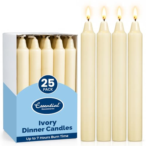 Essential Housewares 25 Ivory Dinner Candles - Long Burning 6-7 Hours Premium Classic Unscented Dinner Candles for Home Decor, Weddings & Events. Pack of 25 Candle Sticks.