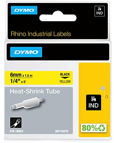 DYMO Rhino Industrie Schrumpfschlauch-Kabeletiketten | 6 mm1,5 m | Schwarz auf gelb | für DYMO Rhino Beschriftungsgerät