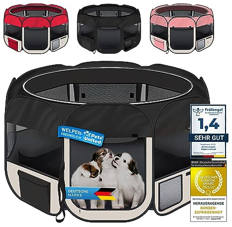 all Pets United® Welpen-Laufstall Tierlaufstall Welpenauslauf-Stall; XXL Freigehege für Hunde, Katzen, Hasen & Kleintiere im Innen- und Außenbereich (Schwarz-Beige)