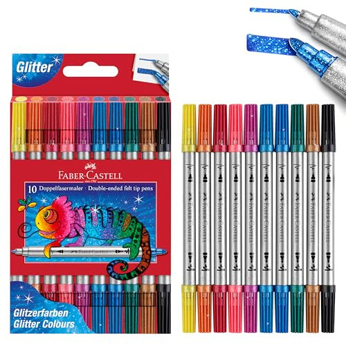 Faber-Castell 151107 – filtpennor set glitter, 10 dubbelfibermålare för barn och vuxna