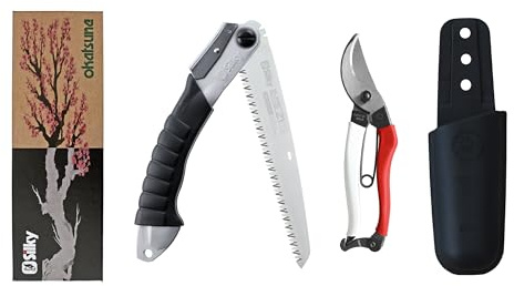 Set de jardinería Silky/Okatsune: tijeras Okatsune 103 y sierra plegable Silky Super Accel 210 mm (7,5 dientes/pulgada) con funda para cinturón. Precisión japonesa y cortes limpios.
