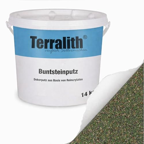 Terralith Buntsteinputz 14kg in grün-beige, Sockelputz für Innen und Außen mit Reinacrylat Bindemittel aus Naturstein, 1-2mm Körnung (BSP13)