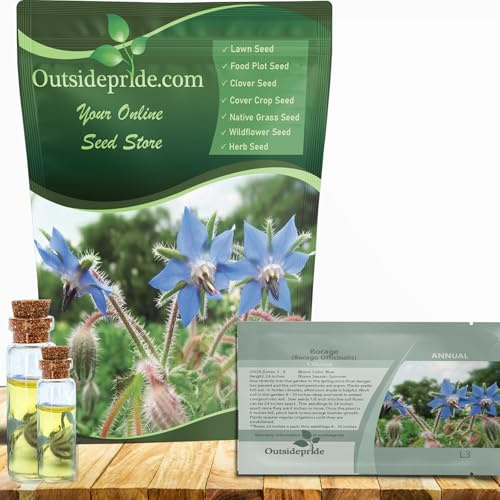 Outsidepride Blue Borage Seeds for Planting – 1 oz. Annual, Drought-Tolerant Herb Seeds with Star-Shaped Blooms, Attracts Bees for Pollinator Gardens, Summer Teas, Decoration & Culinary Use