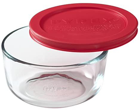 World Kitchen Pyrex 2-Cup Food Storage Round with Red Lid Clear | Glass food storage container with BPA-free lid, dishwasher, microwave, and freezer safe