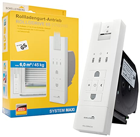 Schellenberg 22765 RolloDrive 65 Avvolgitore elettrico standard da incasso, azionamento avvolgibile fino a 6 m² di superficie avvolgibile, per nastro avvolgibile da 23 mm, forza di trazione max. 45 kg, con timer automatico, spina di alimentazione