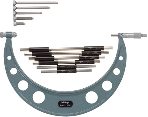 Mitutoyo 104-138 Outside Micrometre with 6 Interchangeable Anvils and 6 Standards, 6-12 Range, 0.001 Graduation