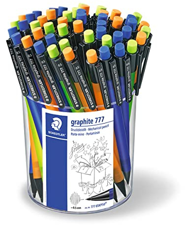 STAEDTLER 777 05KP50 Druckbleistift graphite gefüllt mit B-Minen, Minendurchmesser 0,5 mm, 3 Schaftfarben , 50 Stück in Köcherpackung blau / orange / grün | Soft-Touch, sortierte Farben – mechanischer Bleistift, extra Grip – Art.-Nr. 777 05KP50