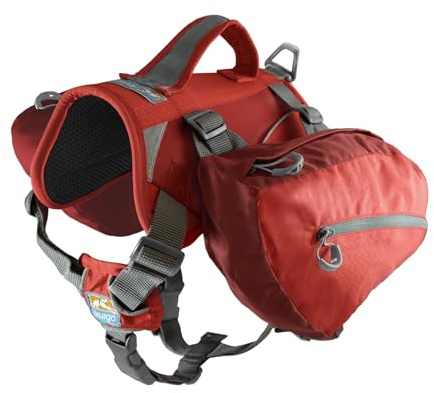 Kurgo Baxter Dog Backpack - Adventure Dog Backpack - Ergonomic Spine Support - Balanced Load Design - Durable Hiking Saddlebag - Dog Harness - Baxter (30-85 lbs) - Chili/Barn Red