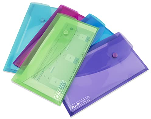 Rapesco 0690 ECO Pochette à Bouton Pression Recyclé, DL, Couleurs Vives Transparentes Assorties, Lot de 5