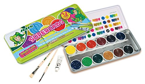 Jolly Supertabs | Deckfarbkasten, Farbkasten | 12 Farben inkl. zwei Pinsel und Deckweiß im Metalletui