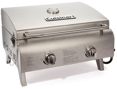 Cuisinart Chef's Style Tabletop Portable Propane Grill, 20,000 BTU Stainless Steel 2-Burner Outdoor Gas Grill for Camping, Tailgates, BBQ, Hassle-Free Setup, Twist-Start Ignition, CGG-306