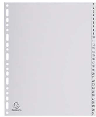 Exacompta - Réf. 2931E - Carton de 5 Intercalaires gris en polypropylène recyclé avec 31 onglets imprimés numériques de 1 à 31 - Format à classer A4 maxi - Dim 24,5 x 29,7 cm - certifiés Ange Bleu