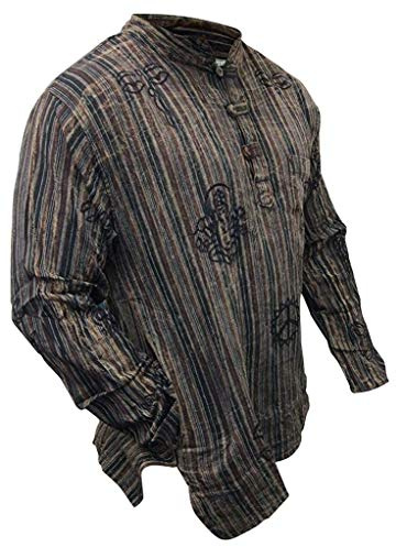 SHOPOHOLIC Modern stentvättad, randig och lättviktig farfars-skjorta i hippistil, unisex, Brun, L
