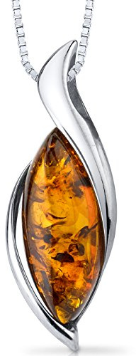 PEORA Genuine Baltic Amber Pendant Necklace for Women 925 Sterling Silver, Floating Marquise Twist, Rich Cognac Color, with 18 inch Chain, Real for Adults, w/Jewelry Box
