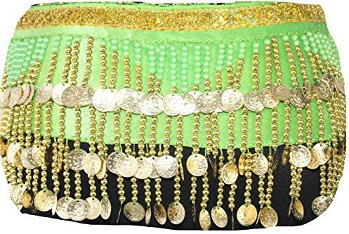 Egypt Bazar Extravagantes Bauchtanz Hüfttuch Münzgürtel in Rechtecksform, drei Reihen Gold Münzen, Farbe grün