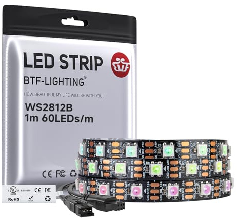 BTF-LIGHTING WS2812 1M 60 LEDs/Pixels/m WS2812B Schwarz PCB 5V IP30 LED | individuell Adressierbare RGB LED Stripe mit 5050 SMD LEDs(Nicht inhalt Netzteil und Controller)