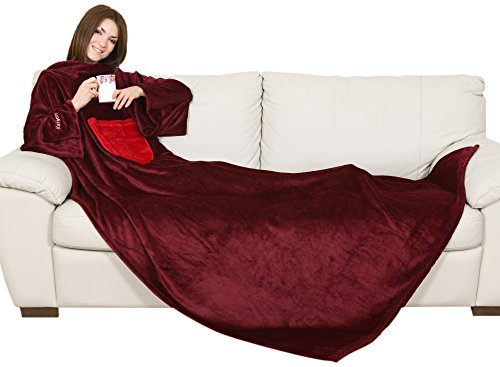 Kanguru Coperta con maniche Rossa, soffice plaid in pile, Microfibra, con tasca centrale, 210x140cm, regalo donna compleanno, amica, Hoodie per divano, letto, relax, Natale, vestaglia invernale