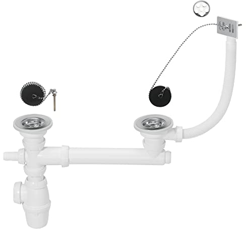 Wirquin SP3233 - Sifón con 2 desagües, 2 tapones, tubería y toma para lavadora