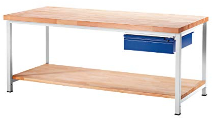 Werkbank, Gestellbauweise, 1 Schublade Größe L, 1 Ablageboden Buche massiv, Tiefe 700 mm, Breite 1000 mm.