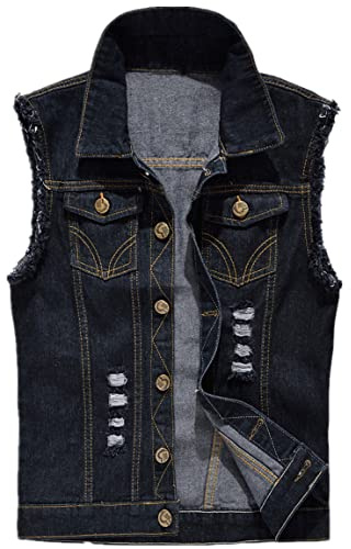 Kelmon Jeansväst i rippad vintagestil, vardaglig motorcykelväst, ärmlös cowboyjacka, Svart, L