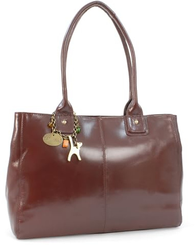 Catwalk Collection Handbags - Damen Leder Schultertasche - Handtasche Tote Bag Groß - Arbeitstasche für Notizbuch A4 - Kensington - Schwarz - Braun
