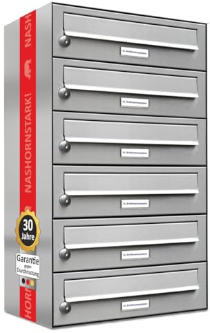 AL Briefkastensysteme 6er Briefkastenanlage Edelstahl, Premium Briefkasten DIN A4, 6 Fach Postkasten modern Aufputz