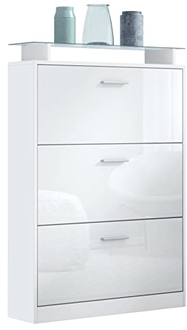 Vladon Zapatero Lavia, Armario para Zapatos para 24 Pares de Zapatos con 3 Puertas abatibles y Estante de Cristal, Blanco Mate/Blanco de Alto Brillo (89 x 128 x 23 cm)