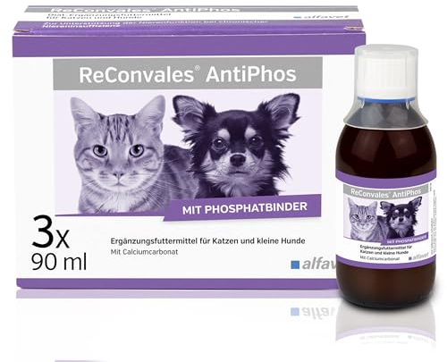 Alfavet ReConvales AntiPhos, zur Unterstützung der Nierenfunktion von Katzen und Hunden, Nahrungsergänzung mit Phosphatbinder, 3 x 90ml Flaschen