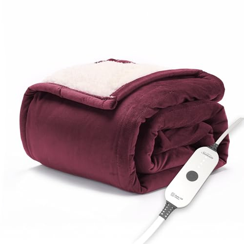 Sunbeam Electric Throw Royal Mink Sherpa Heated Blanket, 4 Heat Settings, 4-Hour Auto Shut-Off, Fast Heating, Luxurious and Ultra Comfy, Cabernet Color, 50 x 60