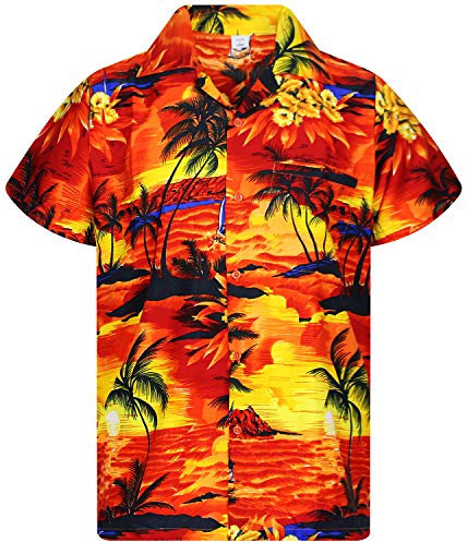 V.H.O. Funky Hawaii-skjorta för män, kortärmad med frontficka och Hawaii-tryck: strand, palmer och olika färger, Surforange, S