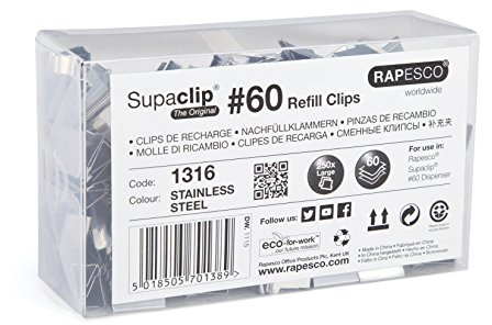 Rapesco 1316 Supaclip 60 påfyllningsklämmor, rostfritt stål, 250-pack